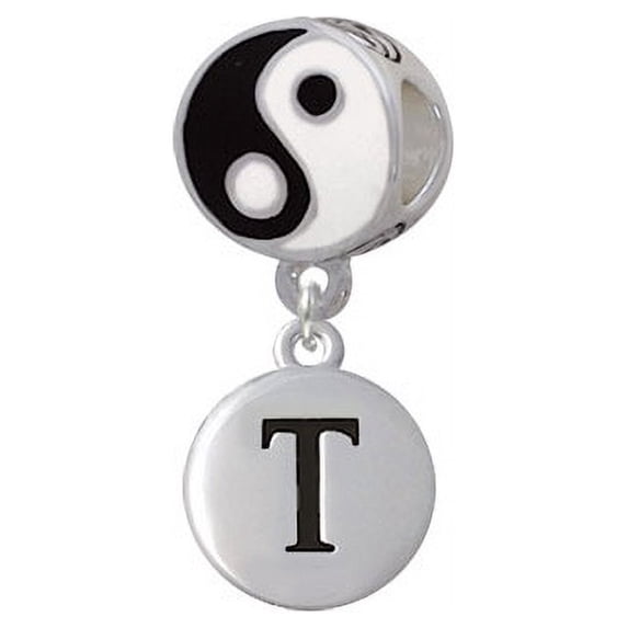 Capital Letter - T - Pebble Disc - Yin Yang Charm Bead