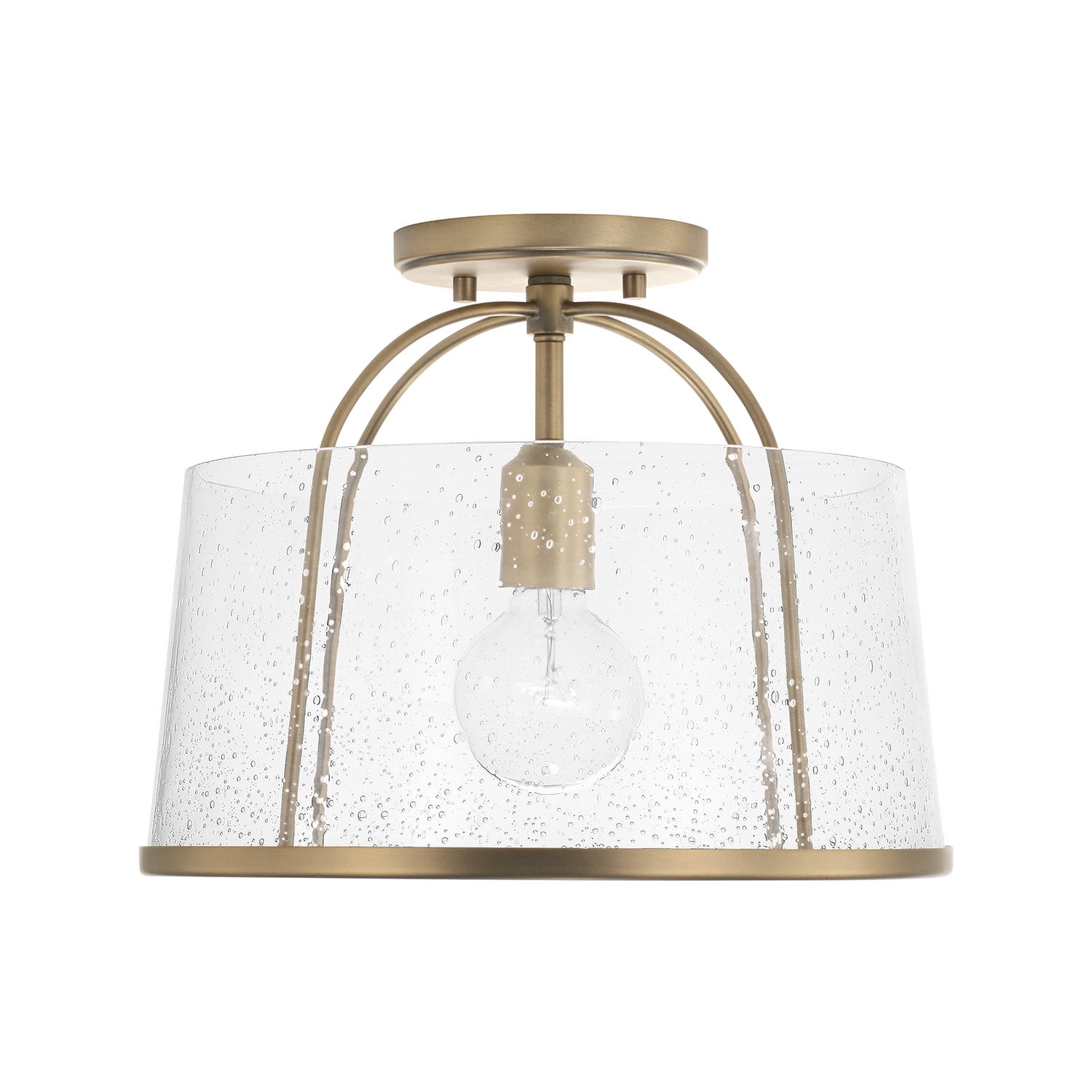 Aged Brass and Clear Seeded Glass Drum Pendant Light