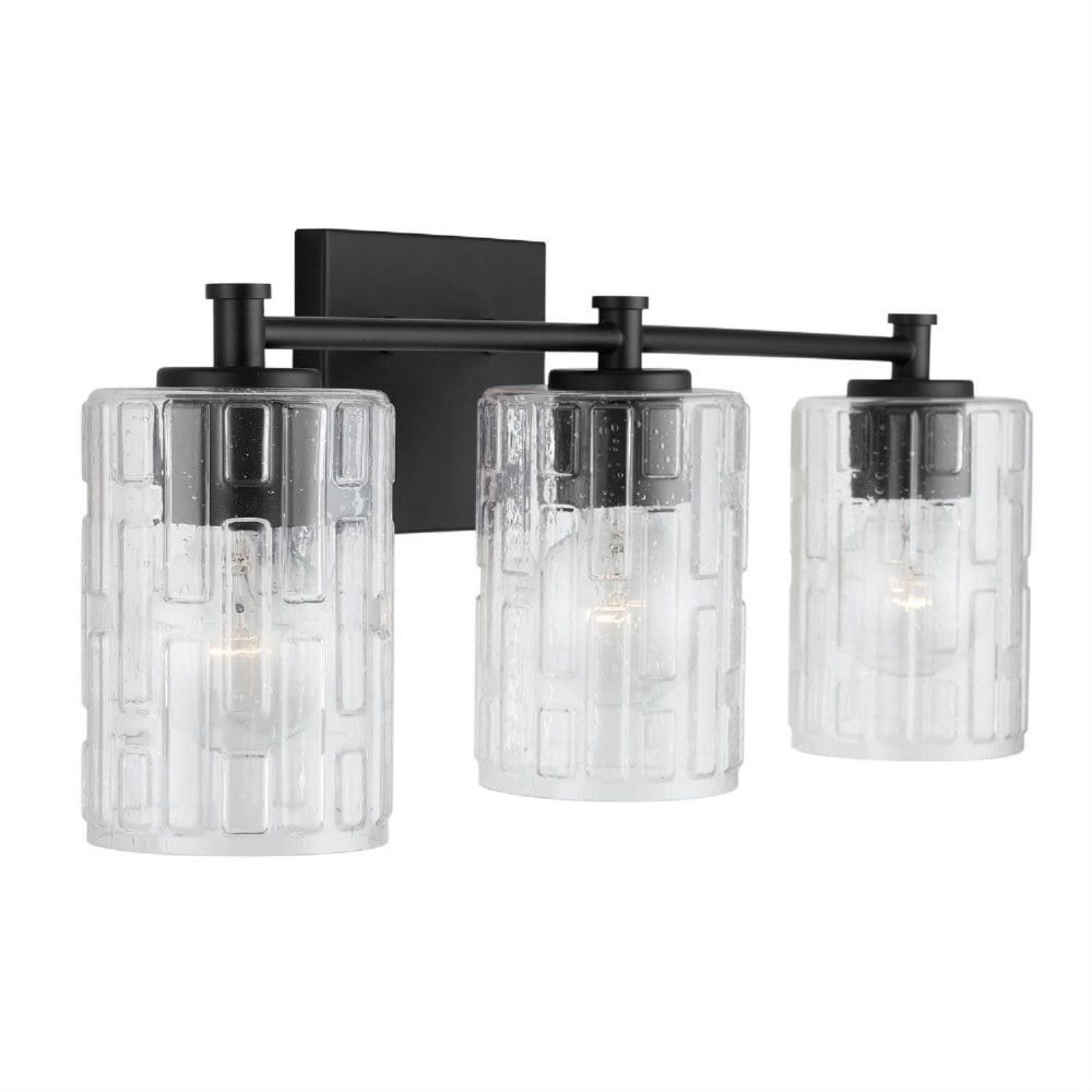 Matte Black 3-Light Vanity with Embossed Seeded Glass