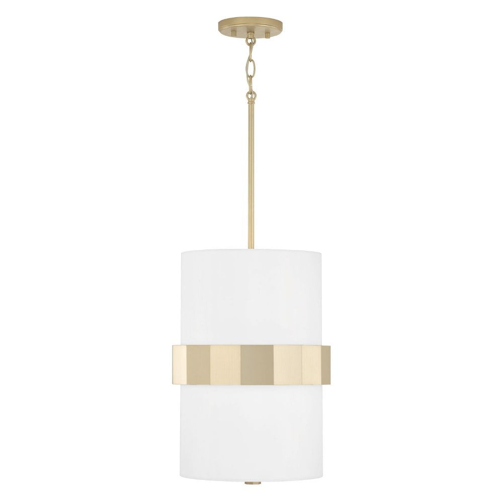 Elegant Transitional Soft Gold Pendant with White Fabric Shade