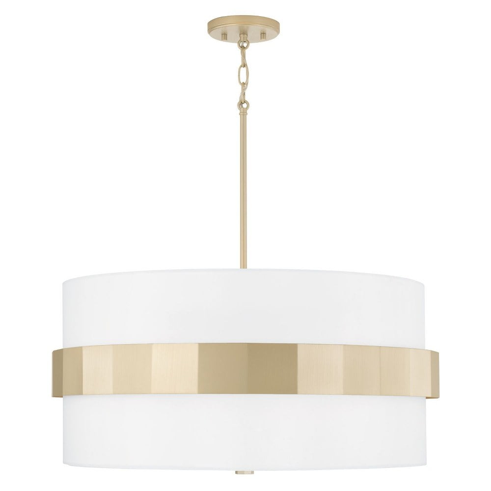 Elegant Soft Gold Drum Pendant with White Fabric Shade