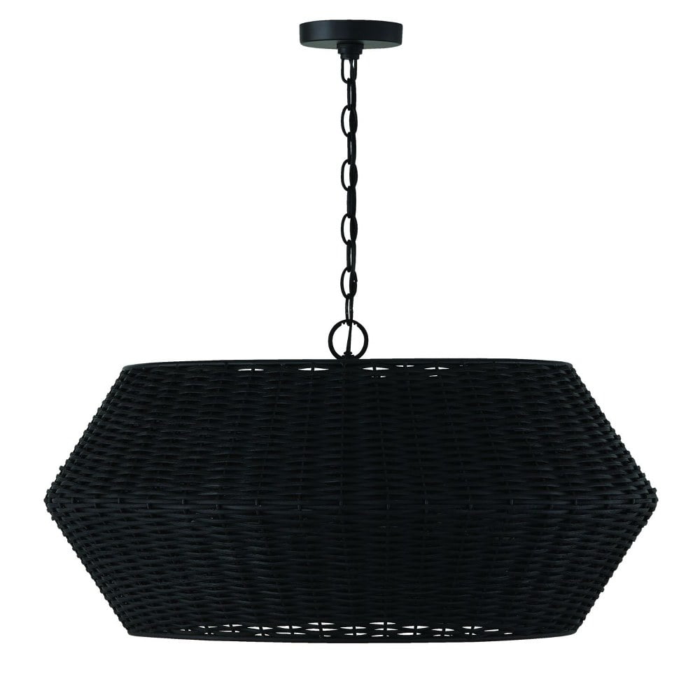 Matte Black Woven Rattan Drum Pendant Light