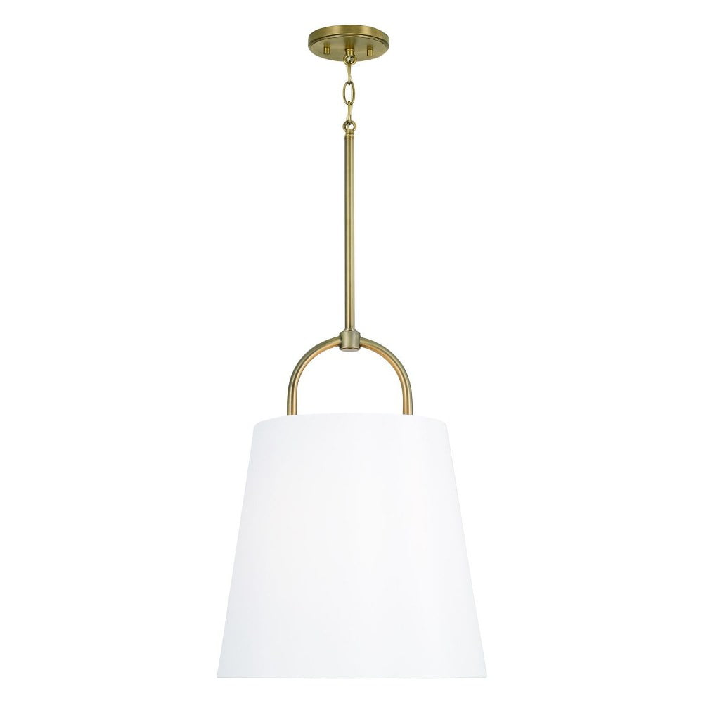 Aged Brass Pendant Light with White Fabric Shade