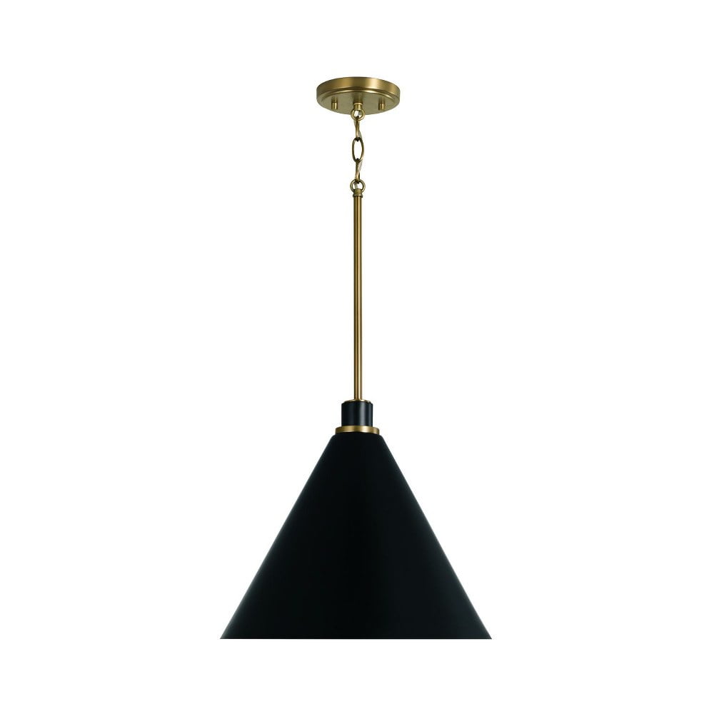 Aged Brass and Black Metal Cone Pendant Light