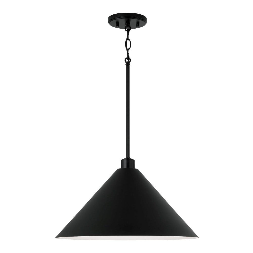 Matte Black Metal Cone Pendant Light with White Interior