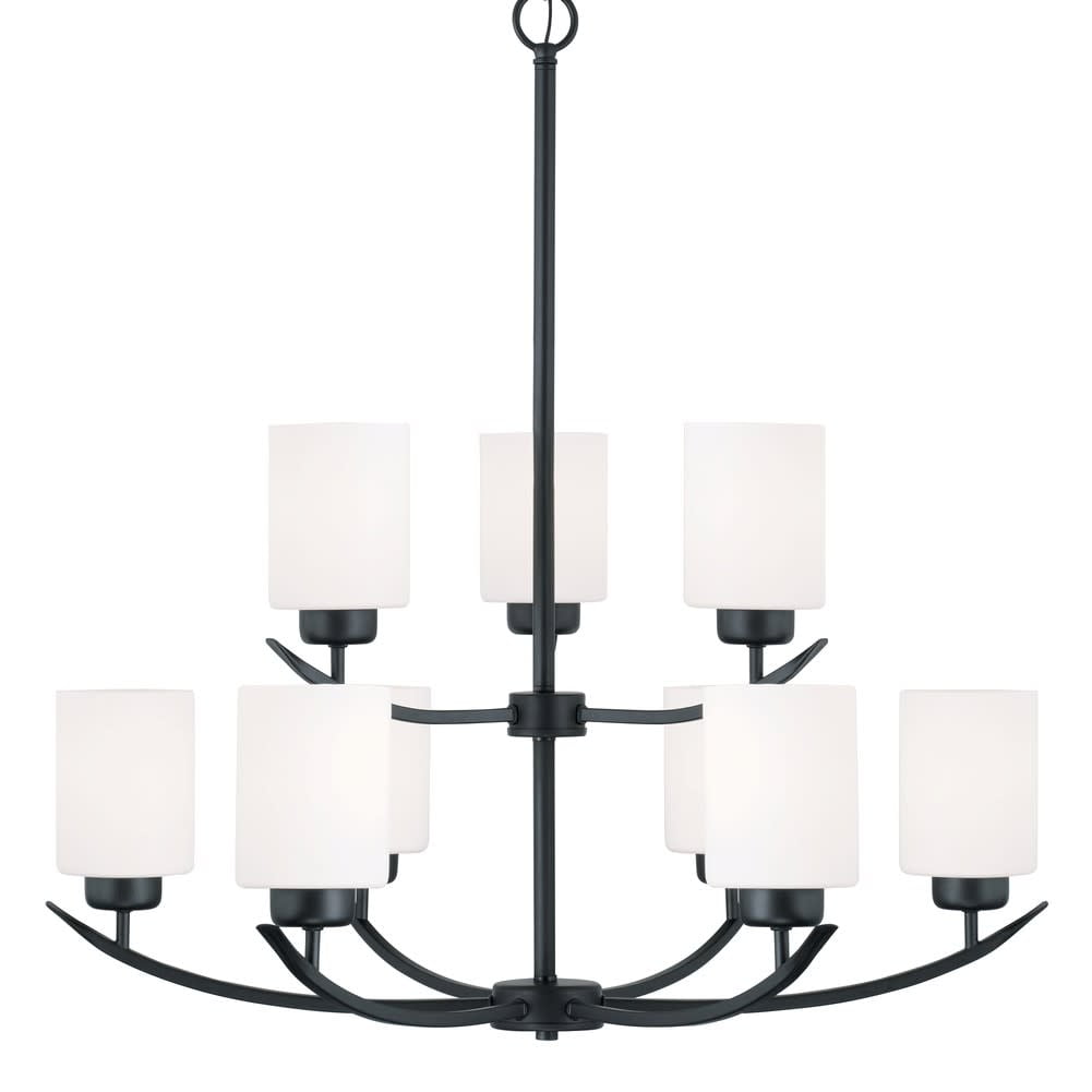 Matte Black 9-Light Chandelier with Soft White Glass Shades