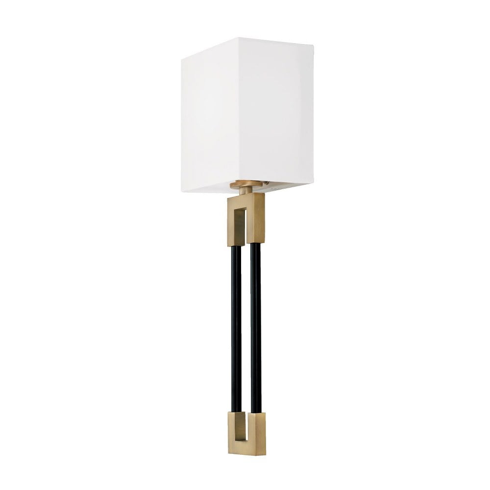 Aged Brass and Black Dimmable Wall Sconce with White Fabric Shade