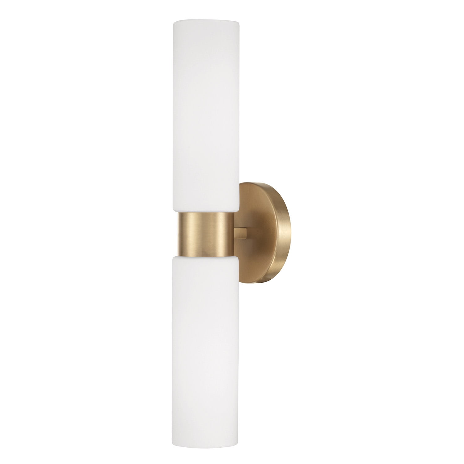 Aged Brass and White Glass Dual Cylinder Wall Sconce