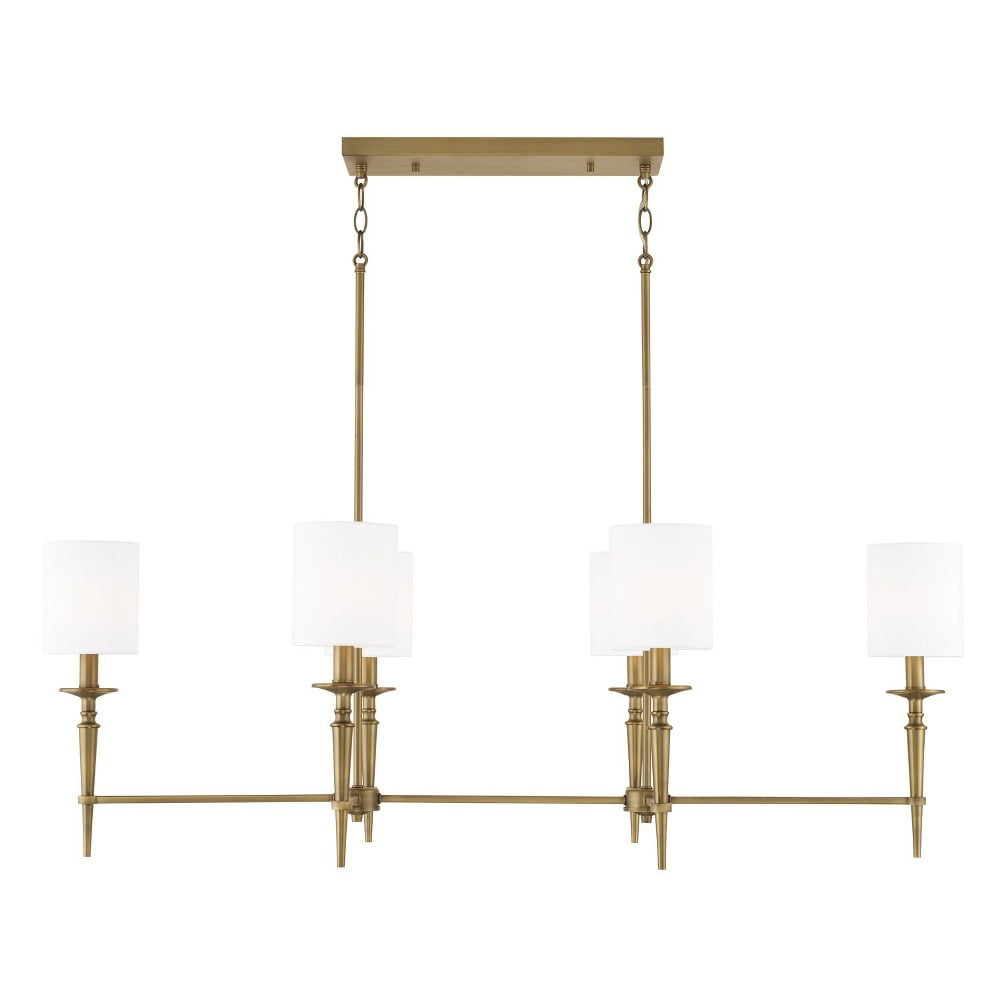 Abbie Aged Brass 6-Light Island with White Fabric Shades