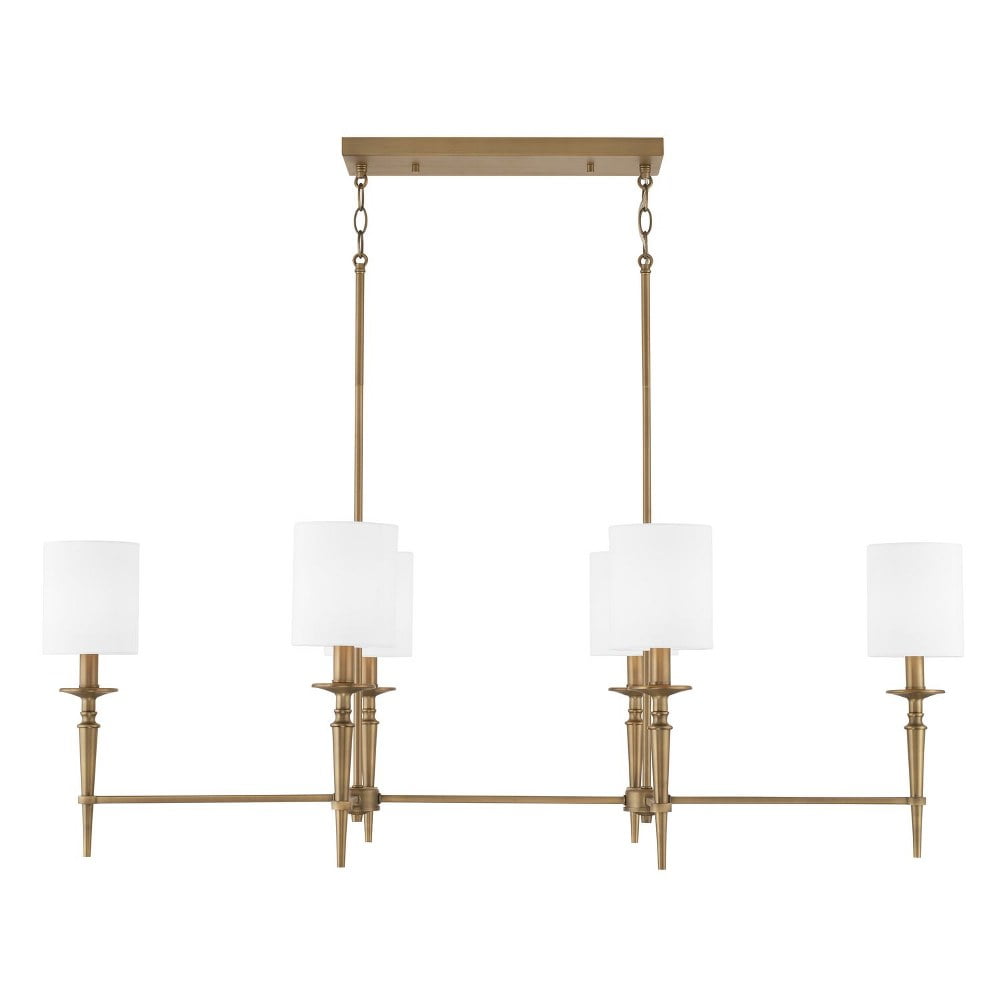 Abbie Aged Brass 6-Light Island with White Fabric Shades