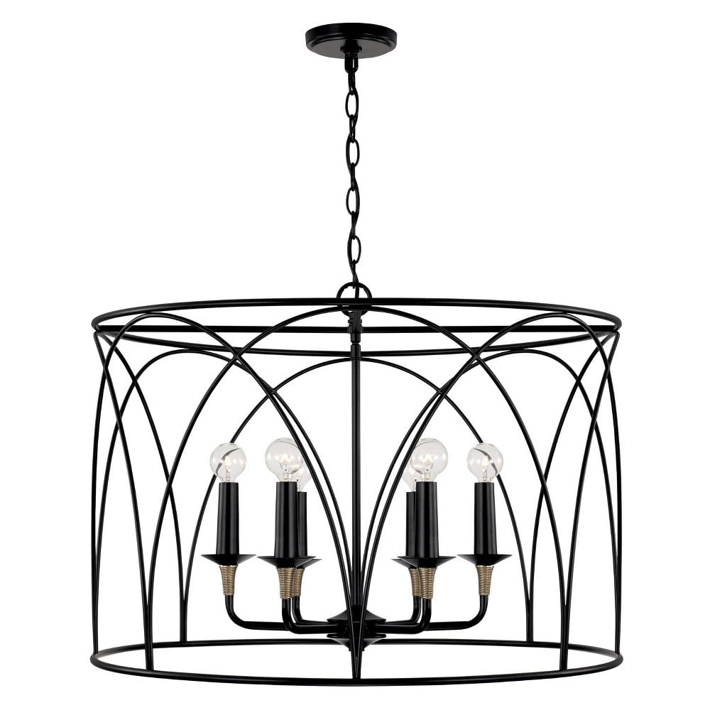 Matte Black and Brass 6-Light Drum Pendant Chandelier