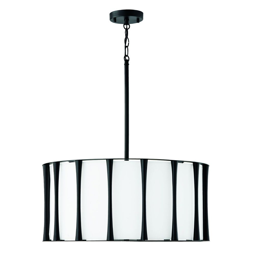 Matte Black 4-Light Drum Pendant with White Fabric Shade