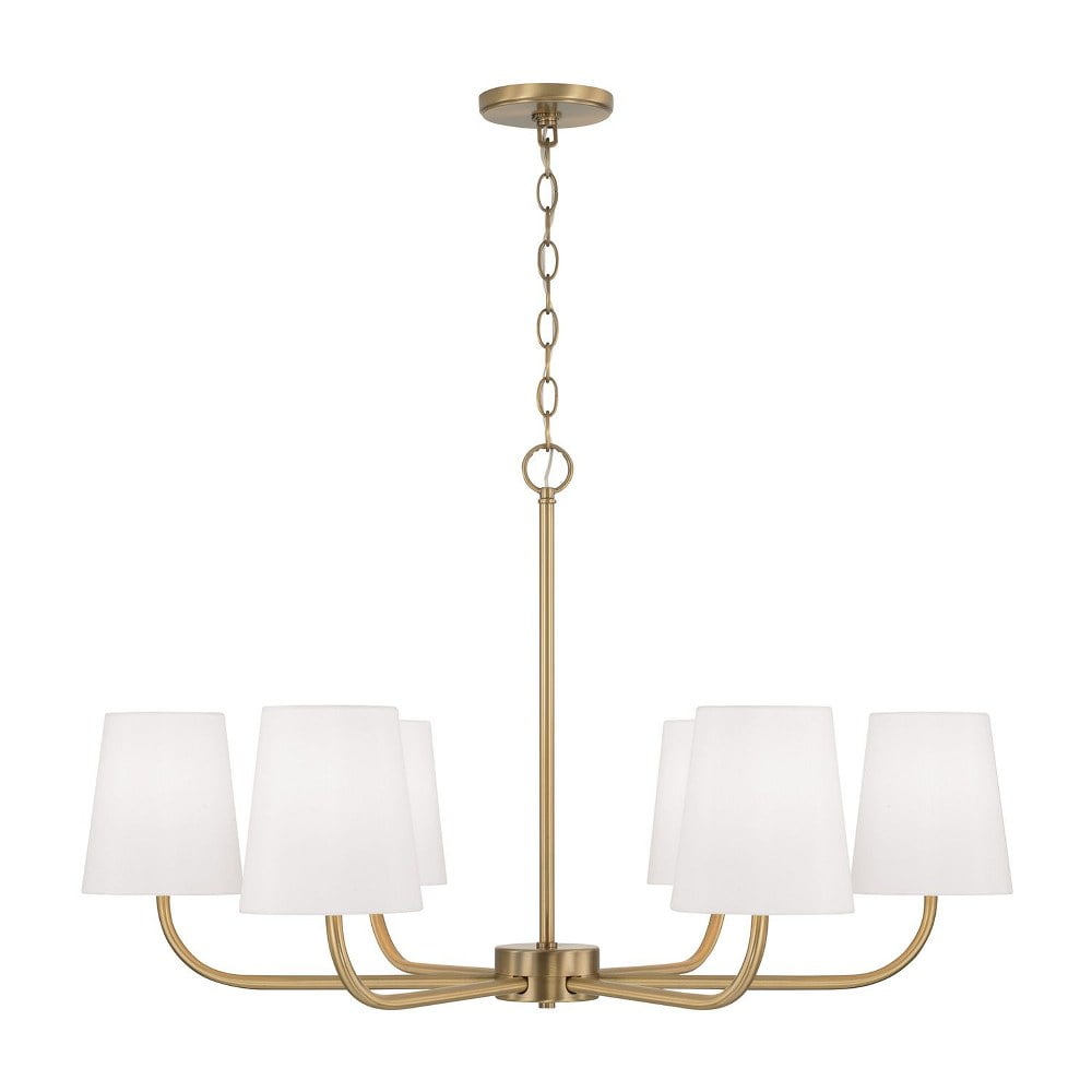 Aged Brass 6-Light Chandelier with White Fabric Shades