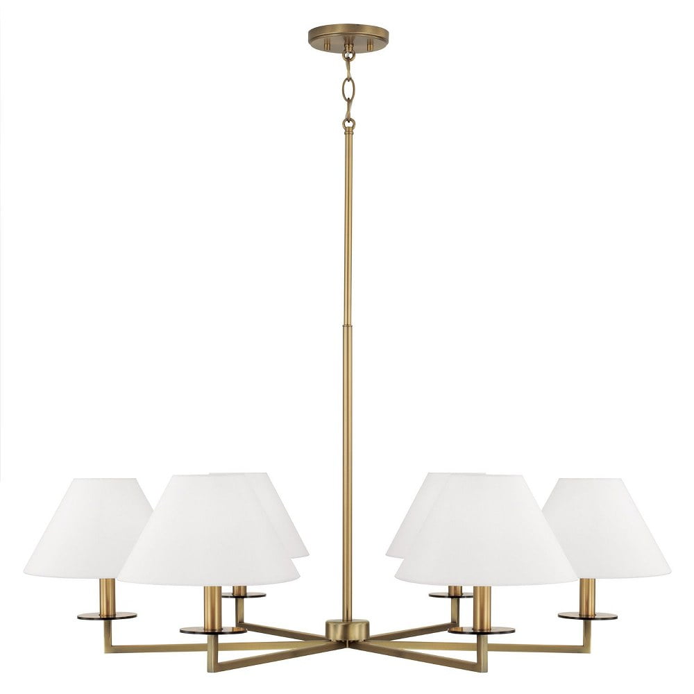 Aged Brass 6-Light Chandelier with White Fabric Shades
