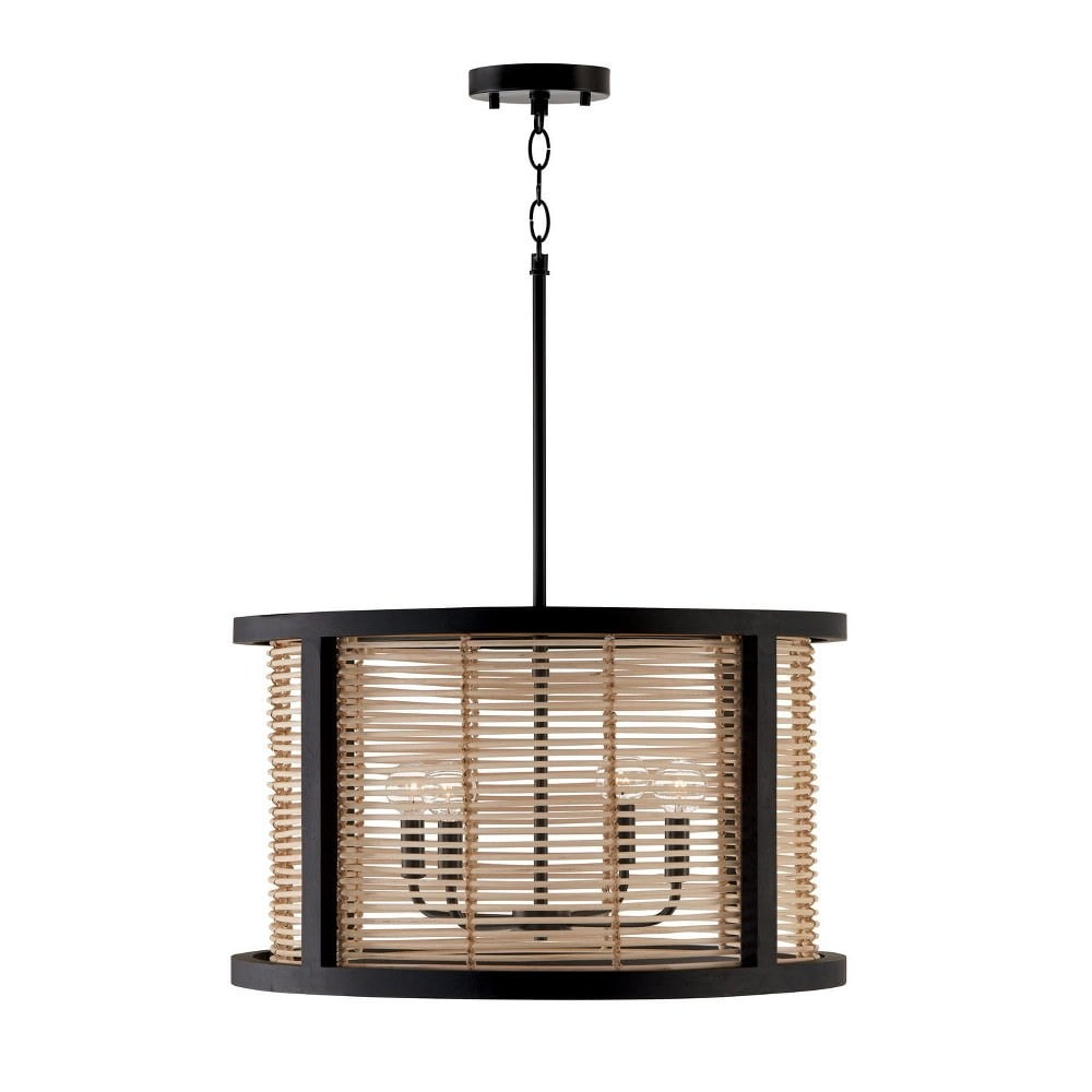 Rico Flat Black Mini Drum Pendant with Rattan & Mango Wood