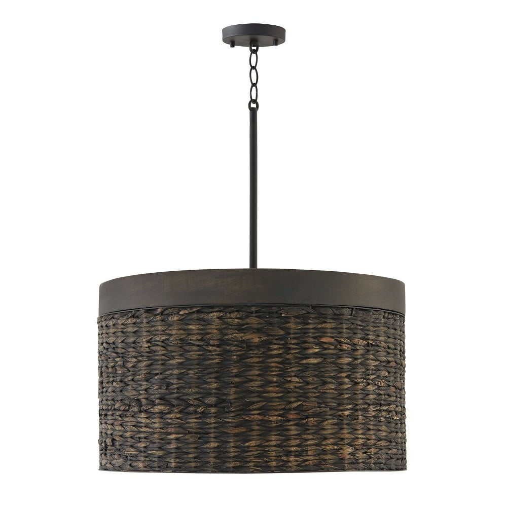 Charcoal Wash 24" Drum Pendant with Mango Wood and Water Hyacinth