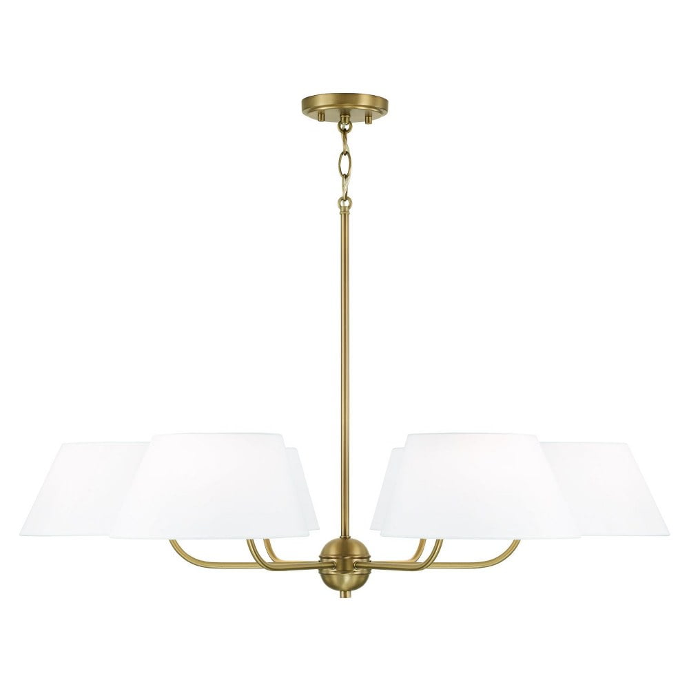 Aged Brass 6-Light Chandelier with White Fabric Drum Shades