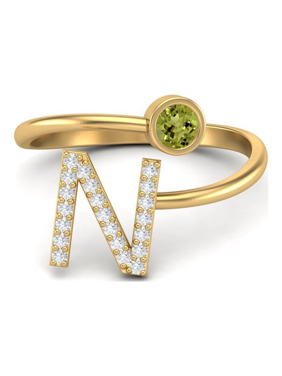 Capital N Initial Letter 3MM Round Peridot 925 Sterling Silver Gold Vermeil Women Adjustable Valentines Day Gifts Ring