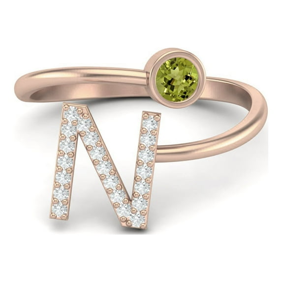 Capital N Initial Letter 3MM Round Peridot 925 Sterling Silver Rose Vermeil Women Adjustable Valentines Day Gifts Ring