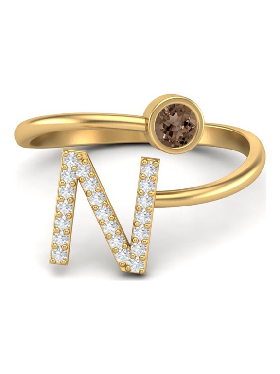 Capital N Initial Letter 3MM Round Smoky Quartz 925 Sterling Silver Gold Vermeil Women Adjustable Mother's Day Gift Ring