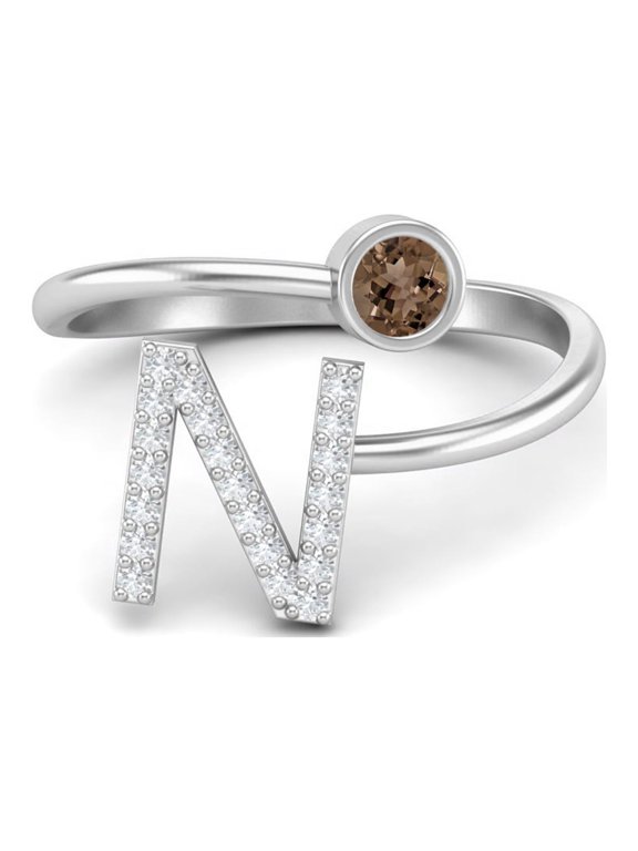 Capital N Initial Letter 3MM Round Smoky Quartz 925 Sterling Silver Women Adjustable Valentines Day Gifts Ring