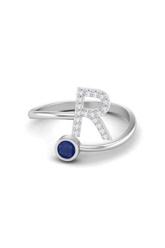 Capital R Initial Letter Blue Sapphire 925 Sterling Silver Adjustable Front Open Women Valentines Day Gifts Ring