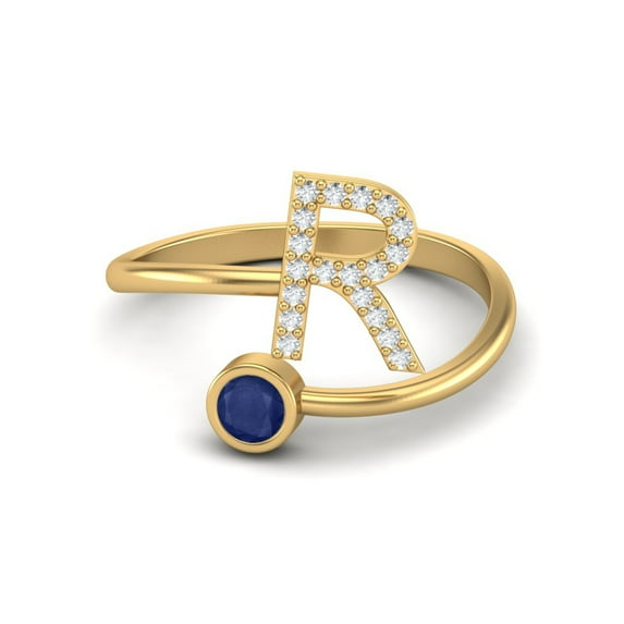 Capital R Initial Letter Blue Sapphire 925 Sterling Silver Gold Vermeil Adjustable Front Open Women Valentines Day Gifts Ring