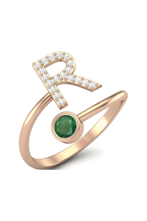 Capital R Initial Letter Emerald Women Adjustable Front Open Valentines Day Gifts Ring 925 Sterling Silver Rose Vermeil