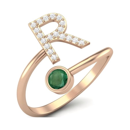 Capital R Initial Letter Emerald Women Mother's Day Gift Adjustable Ring 925 Sterling Silver Rose Vermeil