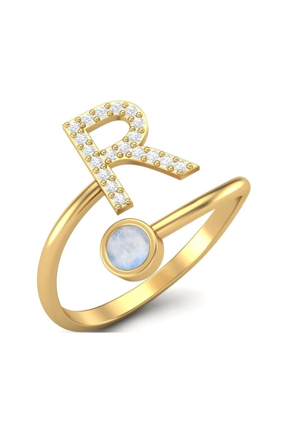 Capital R Initial Letter Moonstone Women Adjustable Front Open Valentines Day Gifts Ring 925 Sterling Silver Gold Vermeil