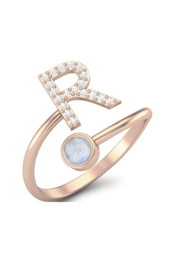 Capital R Initial Letter Moonstone Women Adjustable Front Open Valentines Day Gifts Ring 925 Sterling Silver Rose Vermeil