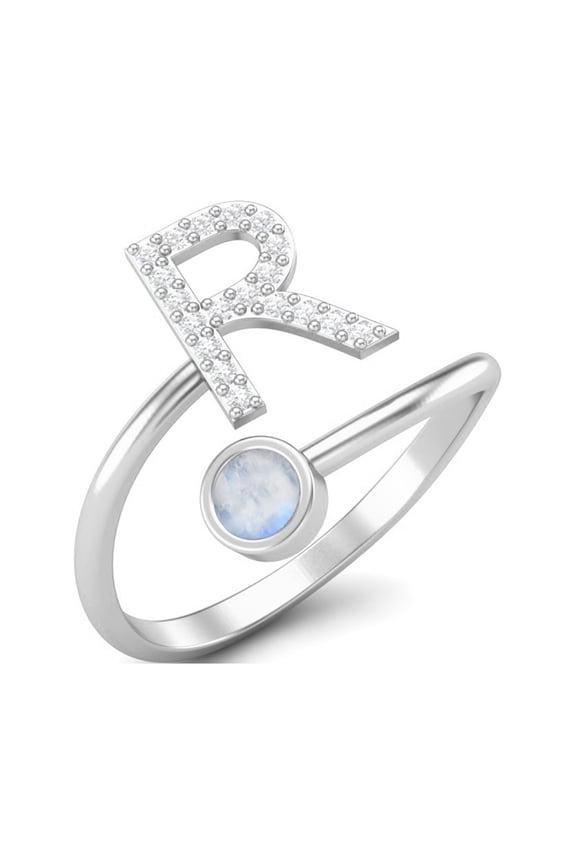 Capital R Initial Letter Moonstone Women Adjustable Front Open Valentines Day Gifts Ring 925 Sterling Silver