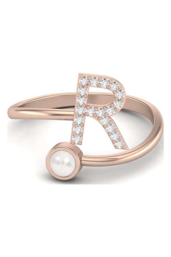 Capital R Initial Letter Pearl 925 Sterling Silver Rose Vermeil Women Valentines Day Gifts Ring Adjustable Front Open Valentines Day Gifts Ring Jewelry