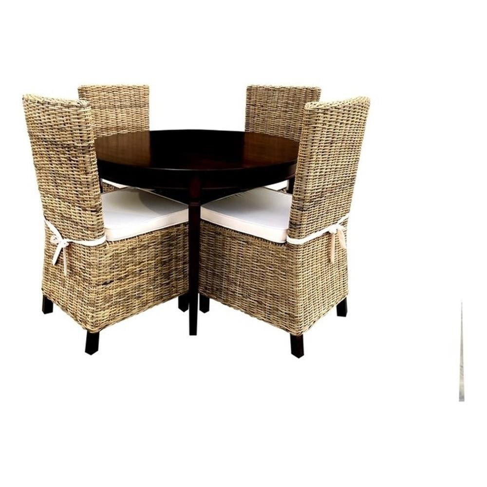 Mahogany Round Dining Table Set with Rattan Chairs and Cushions