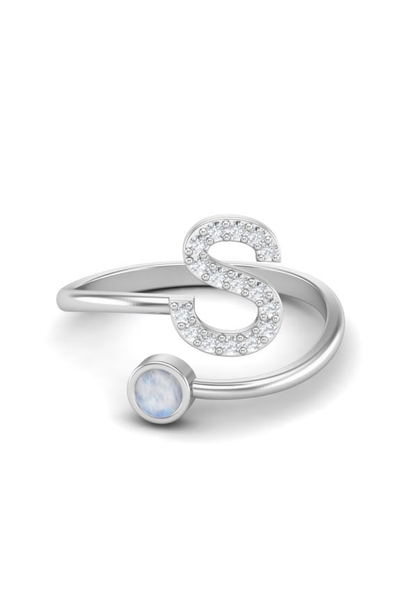 Capital S Initial Letter Moonstone Women Adjustable Front Open Valentines Day Gifts Ring 925 Sterling Silver