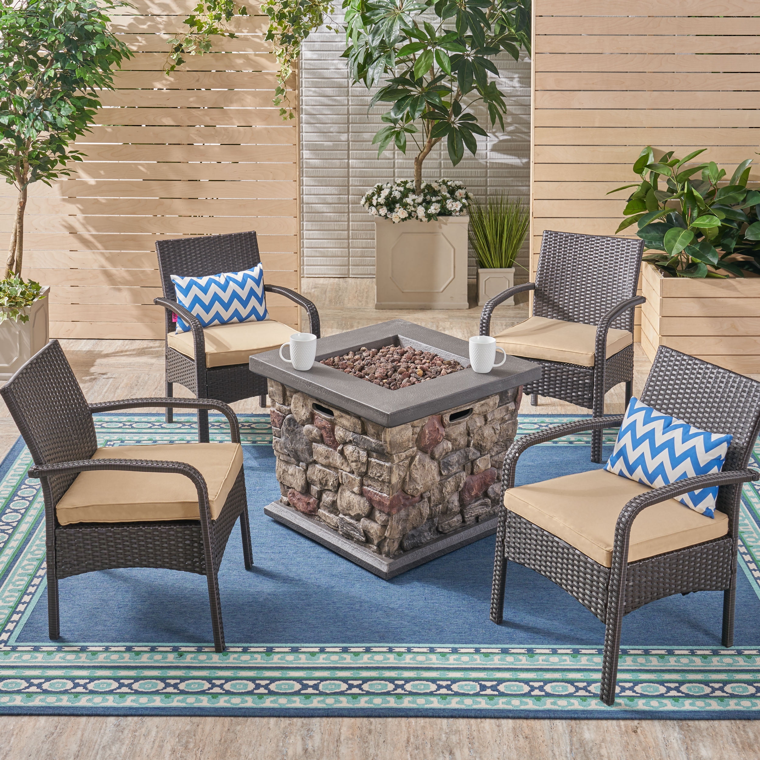 Capitan Outdoor 5 Piece Wicker Chat Set with Stone Finished Fire