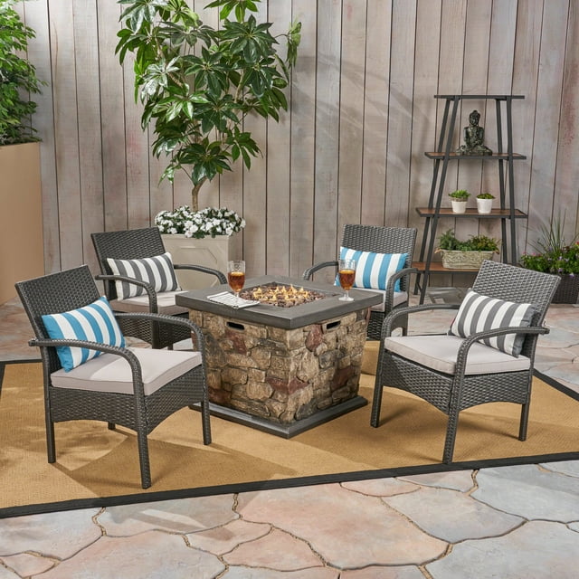 Capitan Outdoor 5 Piece Wicker Chat Set with Stone Finished Fire Pit, Gray, Silver, Stone