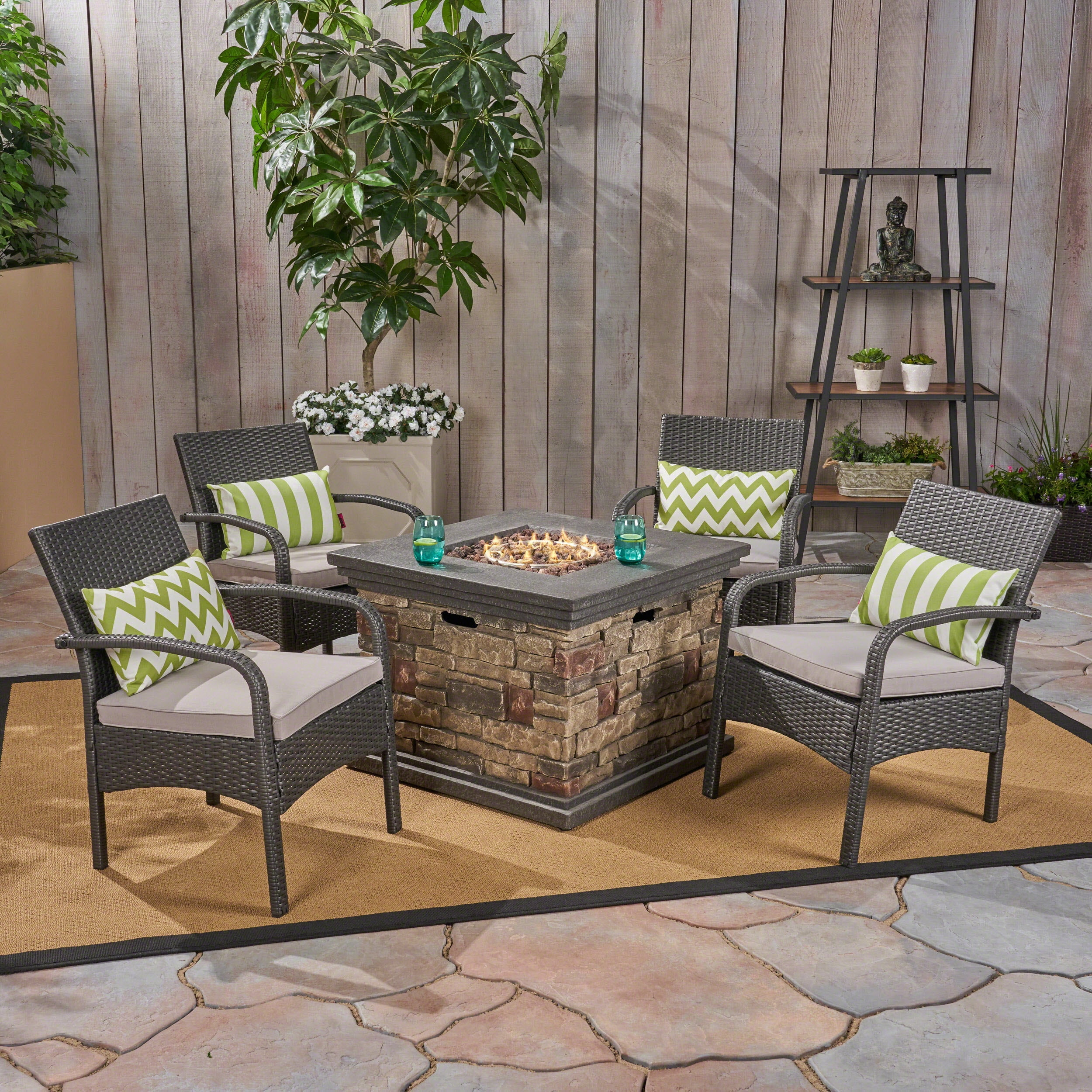 Capitan Outdoor 5 Piece Wicker Chat Set with Stone Finished Fire Pit ...