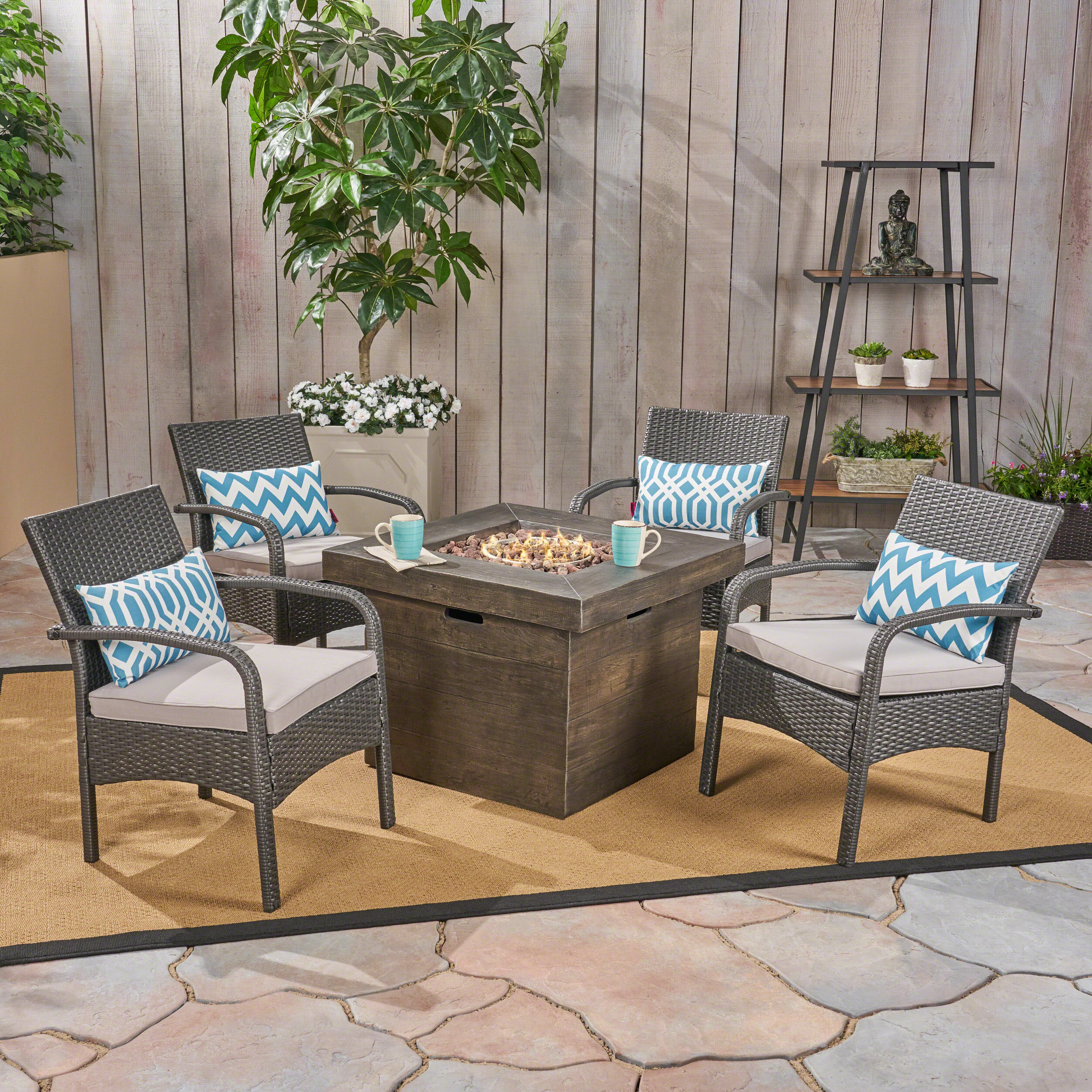 Capitan Outdoor 5 Piece Wicker Chat Set with Wood Finished Fire Pit, Gray, Silver, Gray - image 1 of 8