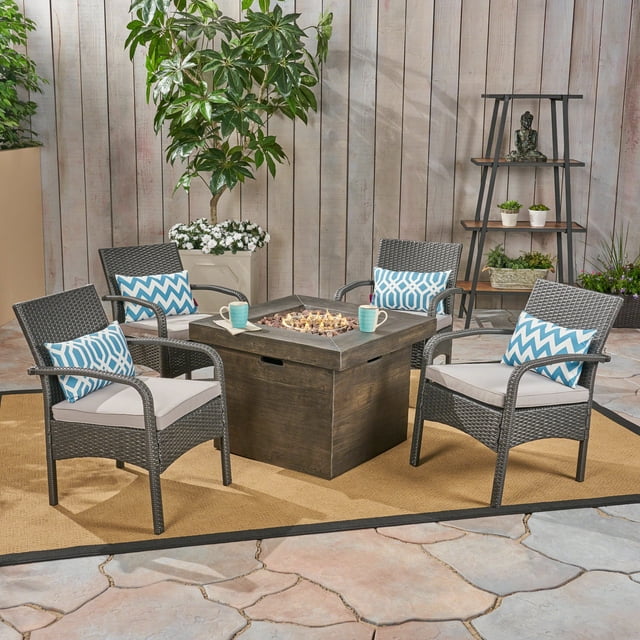 Capitan Outdoor 5 Piece Wicker Chat Set with Wood Finished Fire Pit, Gray, Silver, Gray
