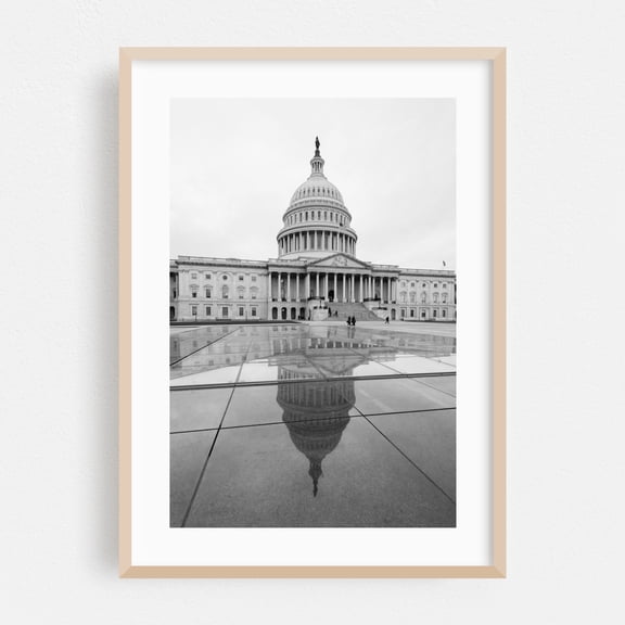 The Capitol 01 B&W - Washington District of Columbia Photography Architecture Black and White City Travel Poster Vintage Scenic Minimalist Oak Framed Wall Art Print 5 x 7 inches