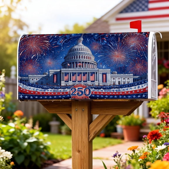 Capitol Building Magnetic Mailbox Covers, Patriotic Festive Fireworks Stars Independence Day Red Letter Box Cover for Lawn Decoration 21x25.5 Inch