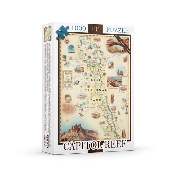 Capitol Reef National Park Map Cardboard Jigsaw Puzzle - 1000 Pieces, Hand-Illustrated - Educational, Family Activity, Ages 7+, Includes Poster - 25.4 x 19.8