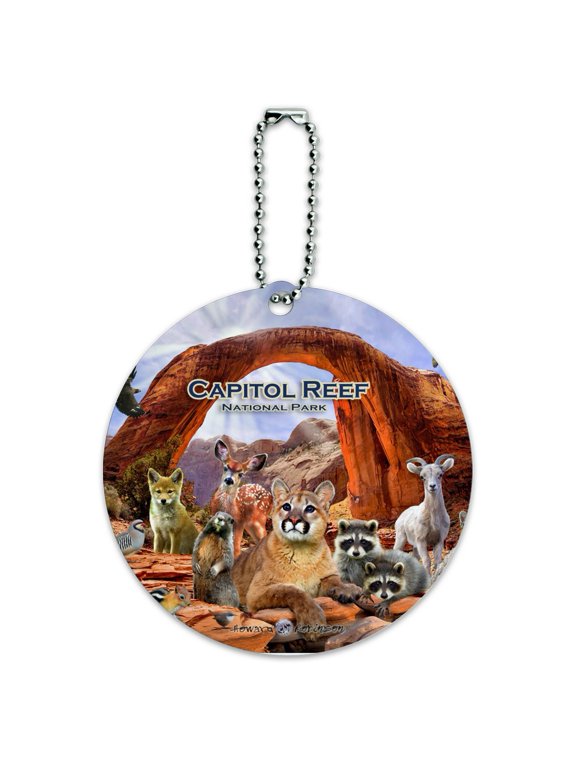 Capitol Reef National Park Utah UT Animals Cougar Prairie Dog Deer Raccoon Round Luggage ID Tag Card Suitcase Carry-On