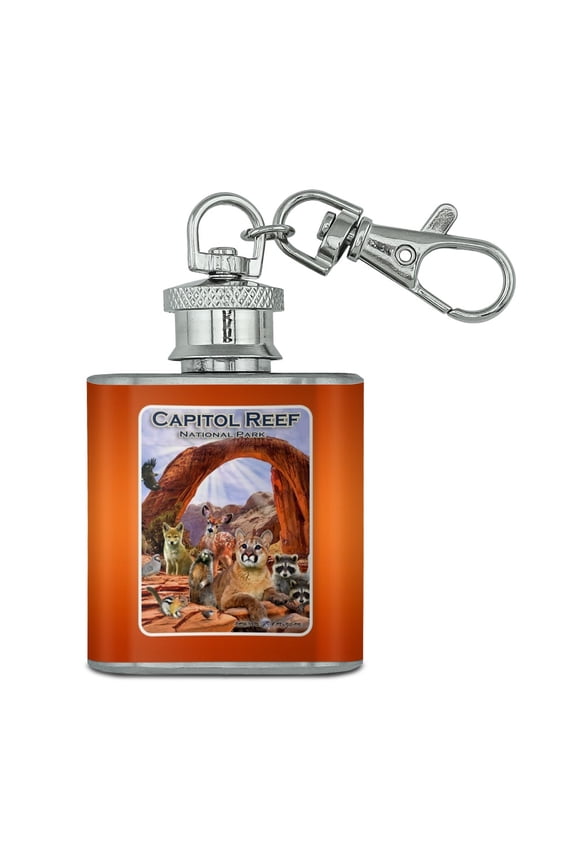 Capitol Reef National Park Utah UT Animals Cougar Prairie Dog Deer Raccoon Stainless Steel 1oz Mini Flask Key Chain