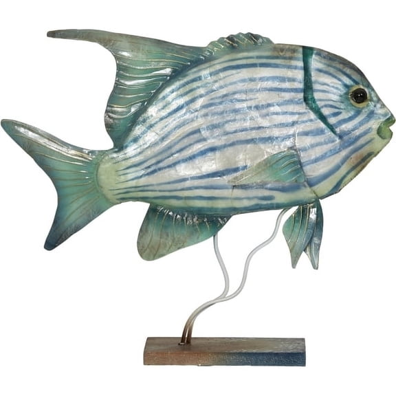 Capiz & Metal Art Large Jackfish on Stand Beige/Green 13x14x3.5"