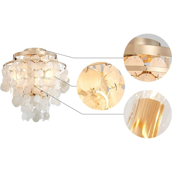 Capiz Shell Ceiling Light Fixture, Semi Flush Mount Ceiling Light for Bedroom, Kitchen Lighting Fixture, Gold Ceiling Light