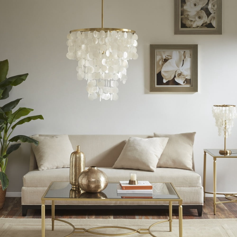 Capiz Shell Chandelier, 21 In. Dia X 67.5 In. H, Gold Finish, Ceiling ...