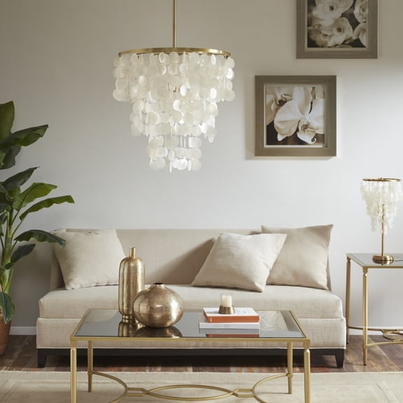 Capiz Shell Chandelier, 21 In. Dia X 67.5 In. H, Gold Finish, Ceiling Mounted