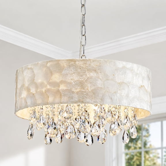 Capiz Shell Chandeliers, Modern K9 Crystal Ceiling Light Fixture, 4 x E12 Sockets, D17 x H6, Clear Crystal & Capiz Shell Lampshade Pendant Chandelier Lighting for Dining Room